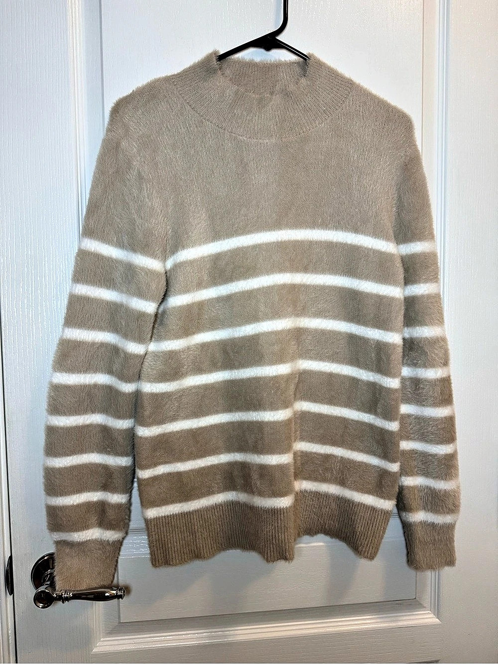 Bailey/44 Women's Beige White Striped Fuzzy Knit Mock Neck Sweater M